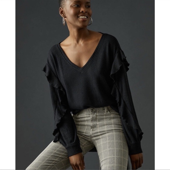 Anthropologie Tops - Anthropologie Pilcro Waffle Knit Black Vneck Blouse Sweater Shirt Top Ruffles